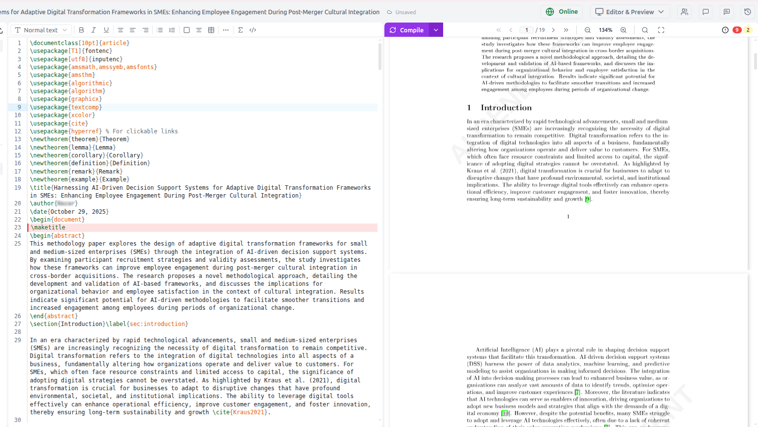 PDF preview showing a compiled paper with SyncTeX sync
